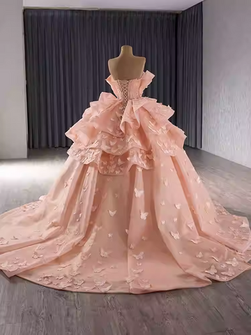 Graceful Strapless Peach Ball Gown with Ruffled Bodice and Butterfly Embellishments Prom Dress, BG014