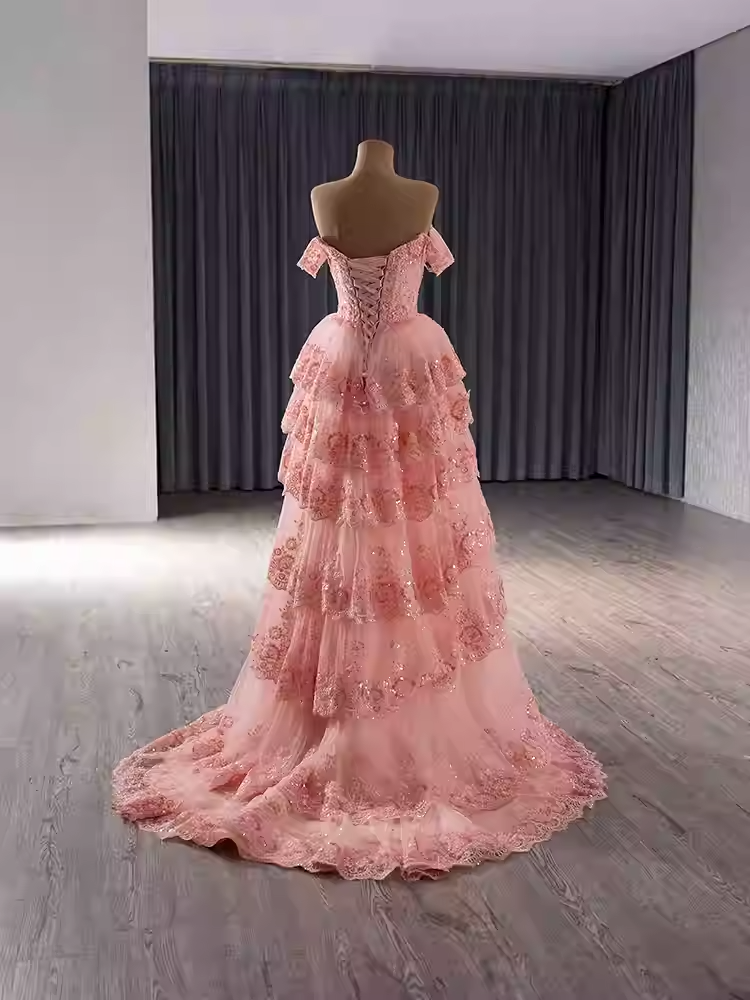 Charming Off - Shoulder Pink Tiered Lace Ball Gown with Sparkling Embellishments Prom Dress, BG015