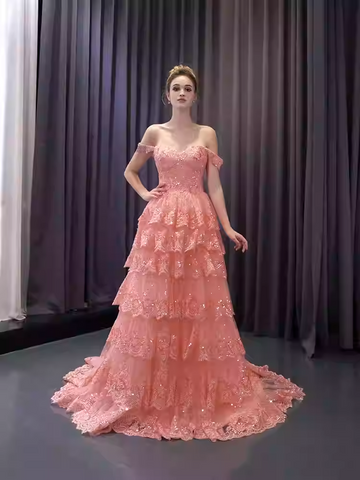 Charming Off - Shoulder Pink Tiered Lace Ball Gown with Sparkling Embellishments Prom Dress, BG015