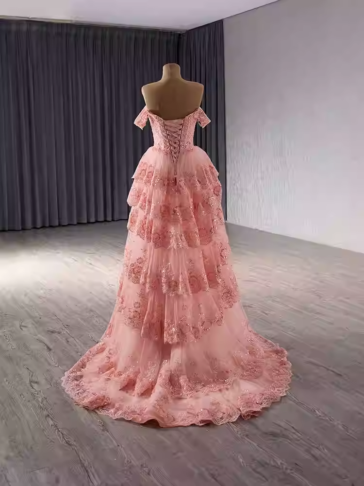 Charming Off - Shoulder Pink Tiered Lace Ball Gown with Sparkling Embellishments Prom Dress, BG015