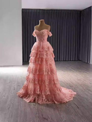 Charming Off - Shoulder Pink Tiered Lace Ball Gown with Sparkling Embellishments Prom Dress, BG015