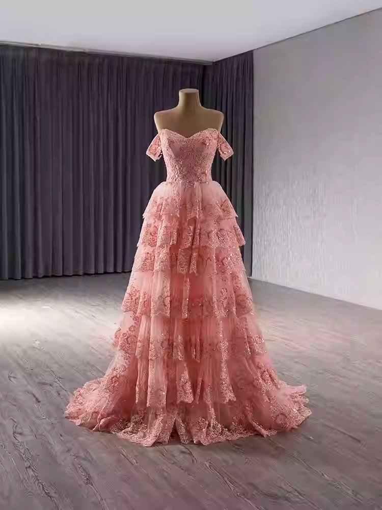 Charming Off - Shoulder Pink Tiered Lace Ball Gown with Sparkling Embellishments Prom Dress, BG015