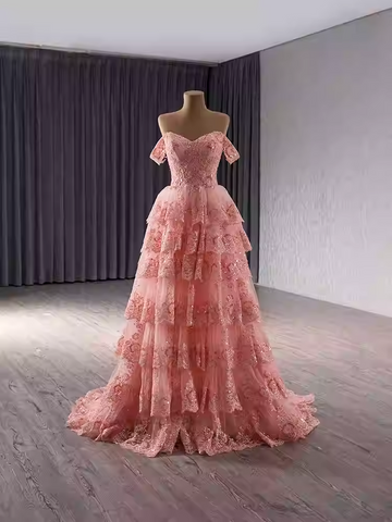 Charming Off - Shoulder Pink Tiered Lace Ball Gown with Sparkling Embellishments Prom Dress, BG015