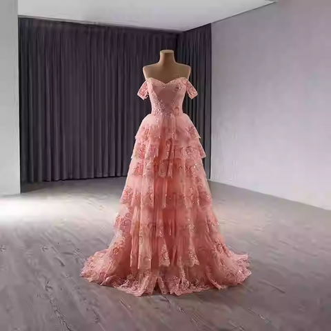 Charming Off - Shoulder Pink Tiered Lace Ball Gown with Sparkling Embellishments Prom Dress, BG015