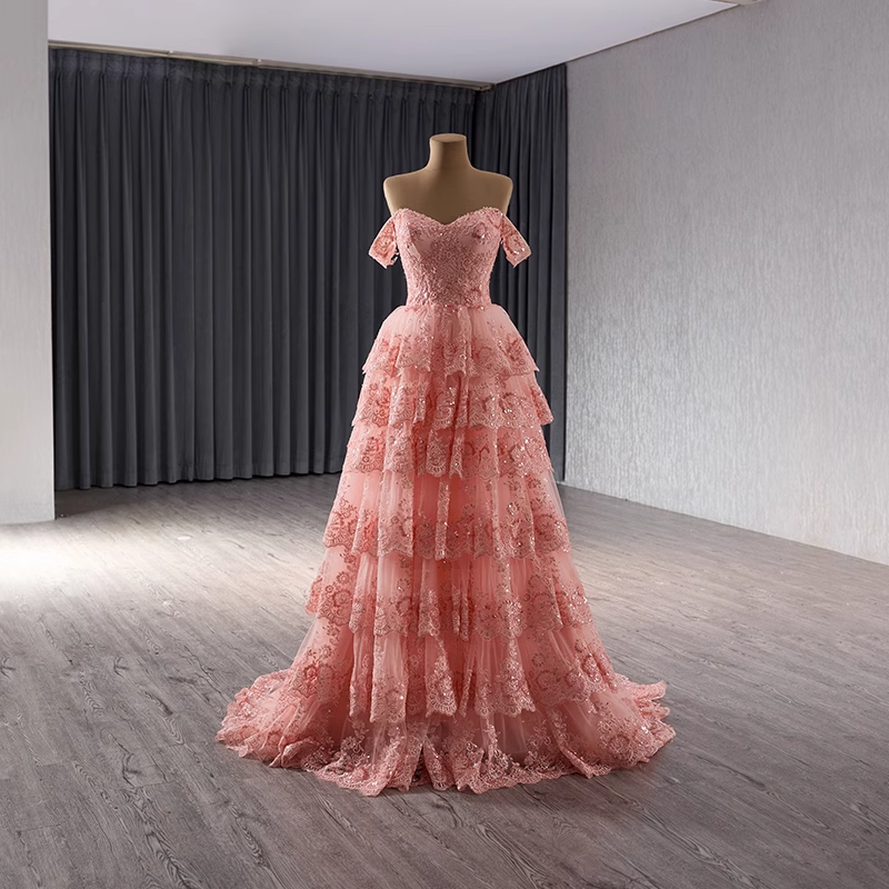 Charming Off - Shoulder Pink Tiered Lace Ball Gown with Sparkling Embellishments Prom Dress, BG015