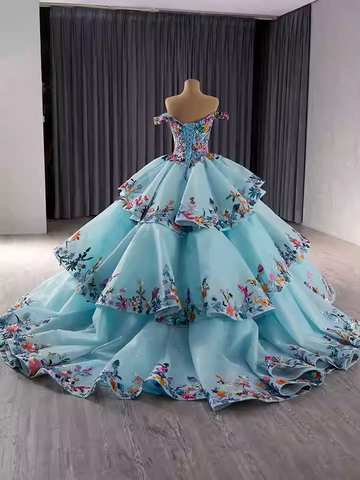 Exquisite Off - Shoulder Light Blue Tiered Floral Ball Gown Prom Dress, BG016