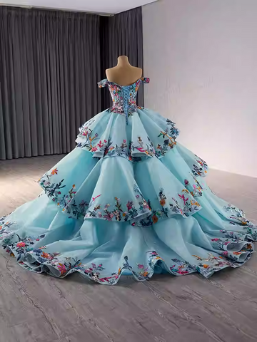 Exquisite Off - Shoulder Light Blue Tiered Floral Ball Gown Prom Dress, BG016