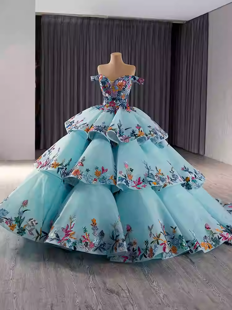 Exquisite Off - Shoulder Light Blue Tiered Floral Ball Gown Prom Dress, BG016