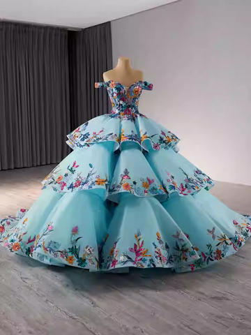 Exquisite Off - Shoulder Light Blue Tiered Floral Ball Gown Prom Dress, BG016