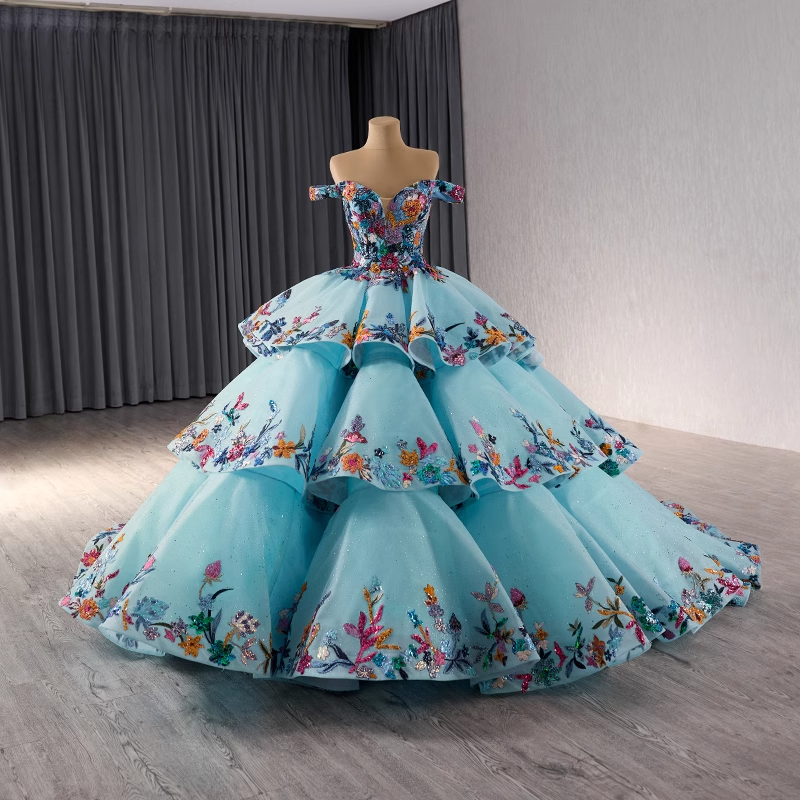 Exquisite Off - Shoulder Light Blue Tiered Floral Ball Gown Prom Dress, BG016