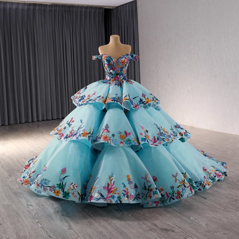 Exquisite Off - Shoulder Light Blue Tiered Floral Ball Gown Prom Dress, BG016