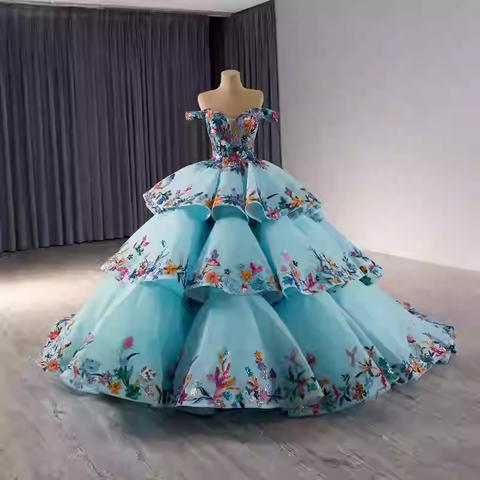 Exquisite Off - Shoulder Light Blue Tiered Floral Ball Gown Prom Dress, BG016
