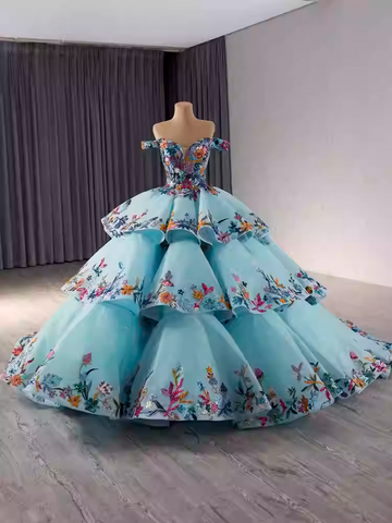 Exquisite Off - Shoulder Light Blue Tiered Floral Ball Gown Prom Dress, BG016