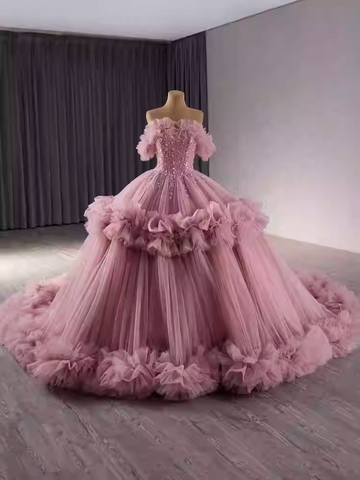Glamorous Off - Shoulder Pink Tulle Ball Gown with Embellished Bodice and Ruffled Details Prom Dress, BG017