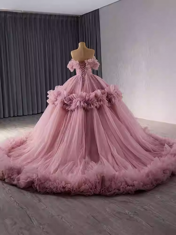 Glamorous Off - Shoulder Pink Tulle Ball Gown with Embellished Bodice and Ruffled Details Prom Dress, BG017
