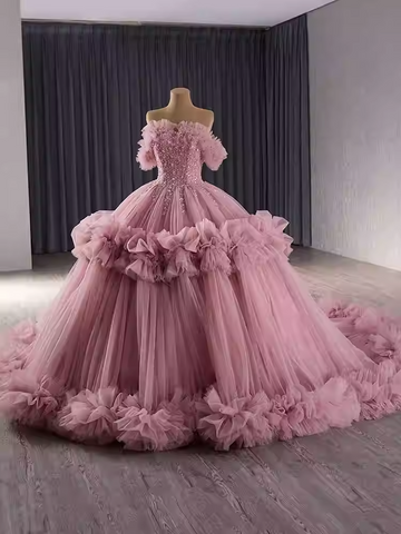 Glamorous Off - Shoulder Pink Tulle Ball Gown with Embellished Bodice and Ruffled Details Prom Dress, BG017