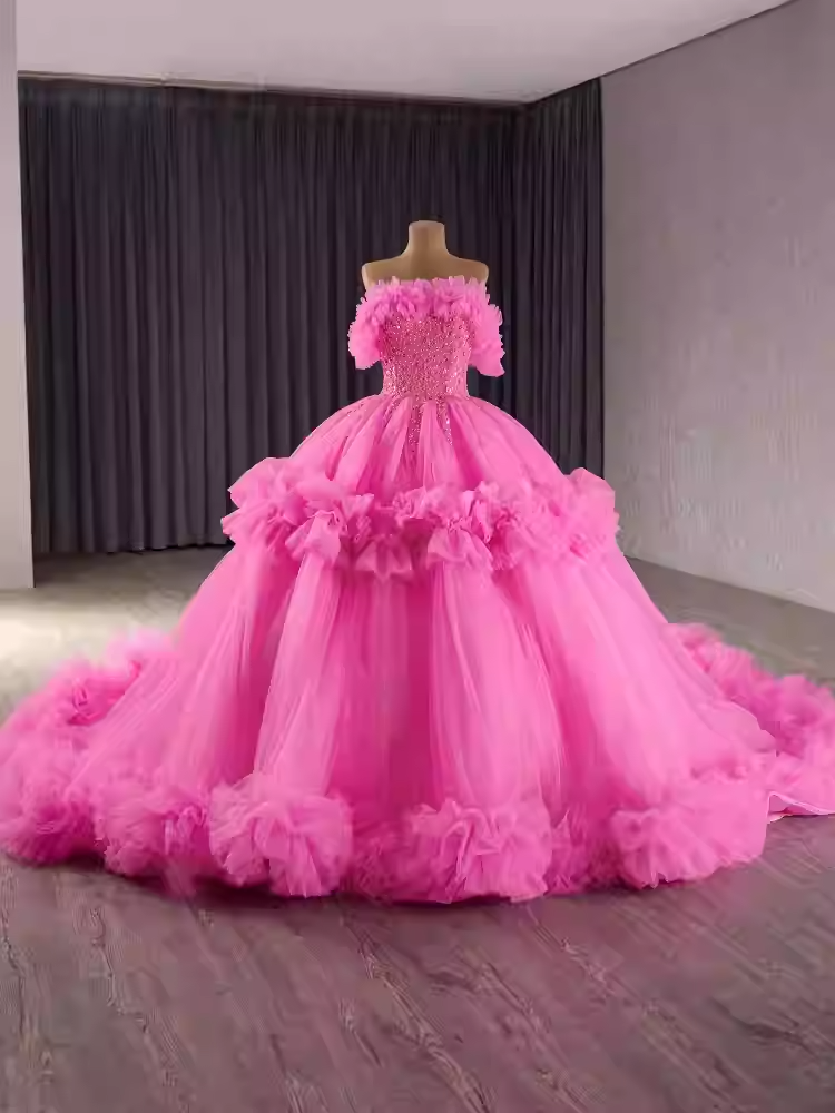Glamorous Off - Shoulder Pink Tulle Ball Gown with Embellished Bodice and Ruffled Details Prom Dress, BG017