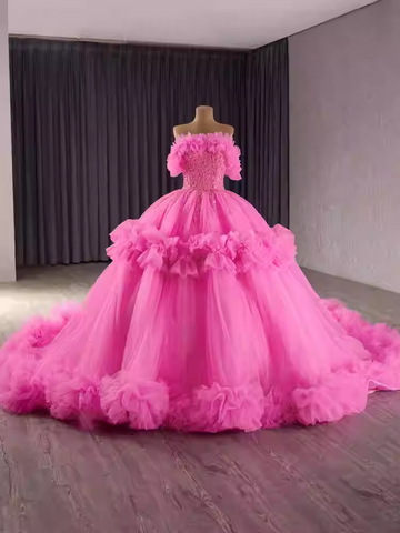 Glamorous Off - Shoulder Pink Tulle Ball Gown with Embellished Bodice and Ruffled Details Prom Dress, BG017