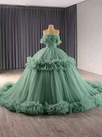 Glamorous Off - Shoulder Pink Tulle Ball Gown with Embellished Bodice and Ruffled Details Prom Dress, BG017