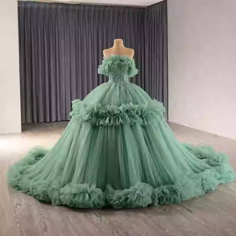 Glamorous Off - Shoulder Pink Tulle Ball Gown with Embellished Bodice and Ruffled Details Prom Dress, BG017