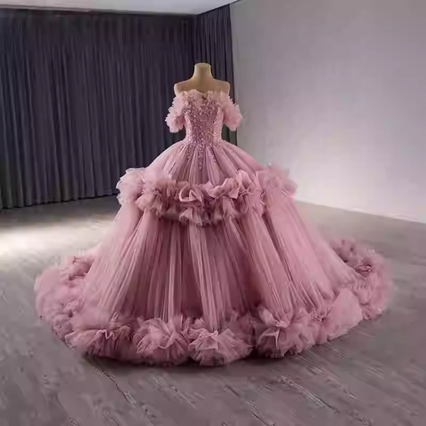 Glamorous Off - Shoulder Pink Tulle Ball Gown with Embellished Bodice and Ruffled Details Prom Dress, BG017