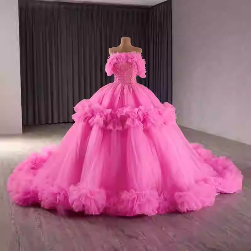 Glamorous Off - Shoulder Pink Tulle Ball Gown with Embellished Bodice and Ruffled Details Prom Dress, BG017