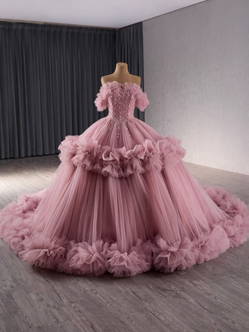 Glamorous Off - Shoulder Pink Tulle Ball Gown with Embellished Bodice and Ruffled Details Prom Dress, BG017