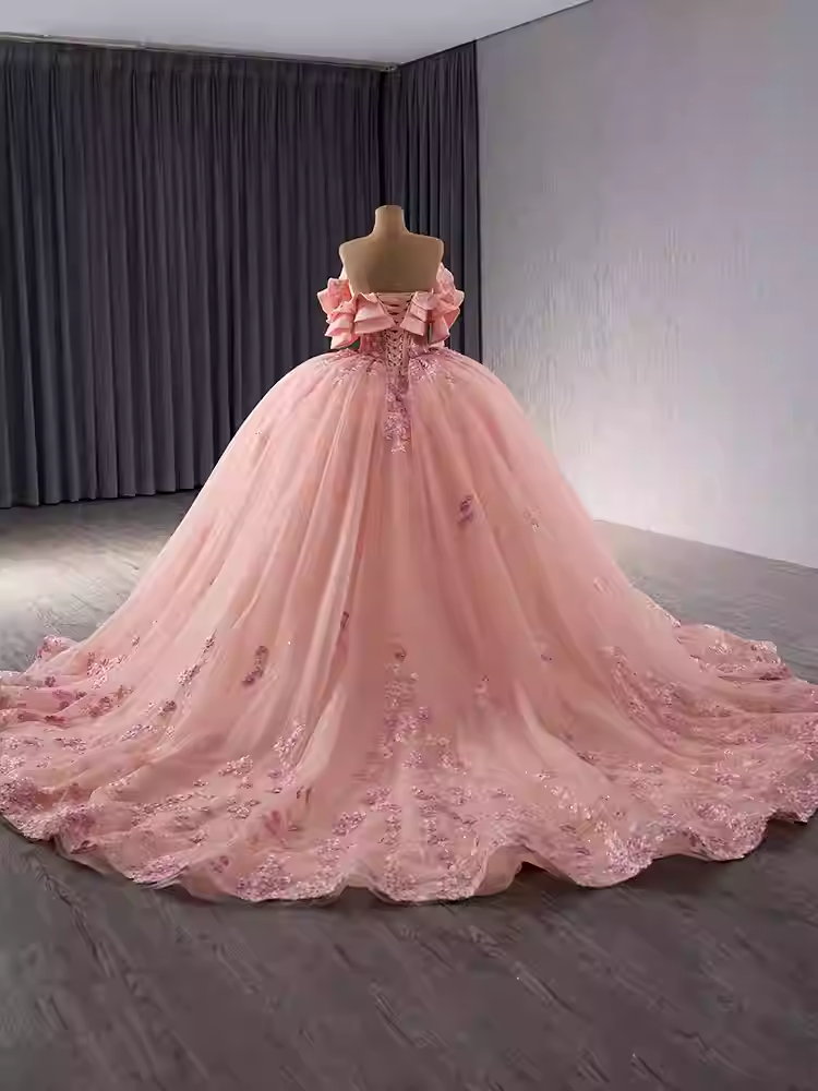 Stunning Off - Shoulder Ombre Pink Ball Gown with Ruffled Sleeves and Floral Embroidery Prom Dress, BG018