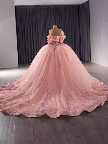 Stunning Off - Shoulder Ombre Pink Ball Gown with Ruffled Sleeves and Floral Embroidery Prom Dress, BG018