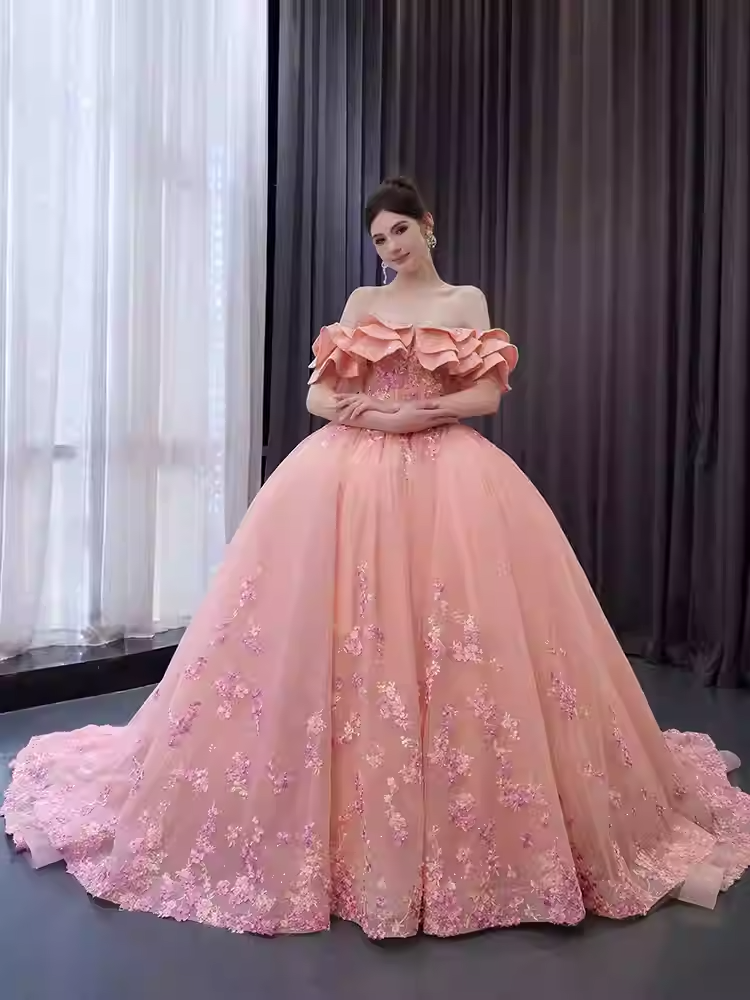 Stunning Off - Shoulder Ombre Pink Ball Gown with Ruffled Sleeves and Floral Embroidery Prom Dress, BG018