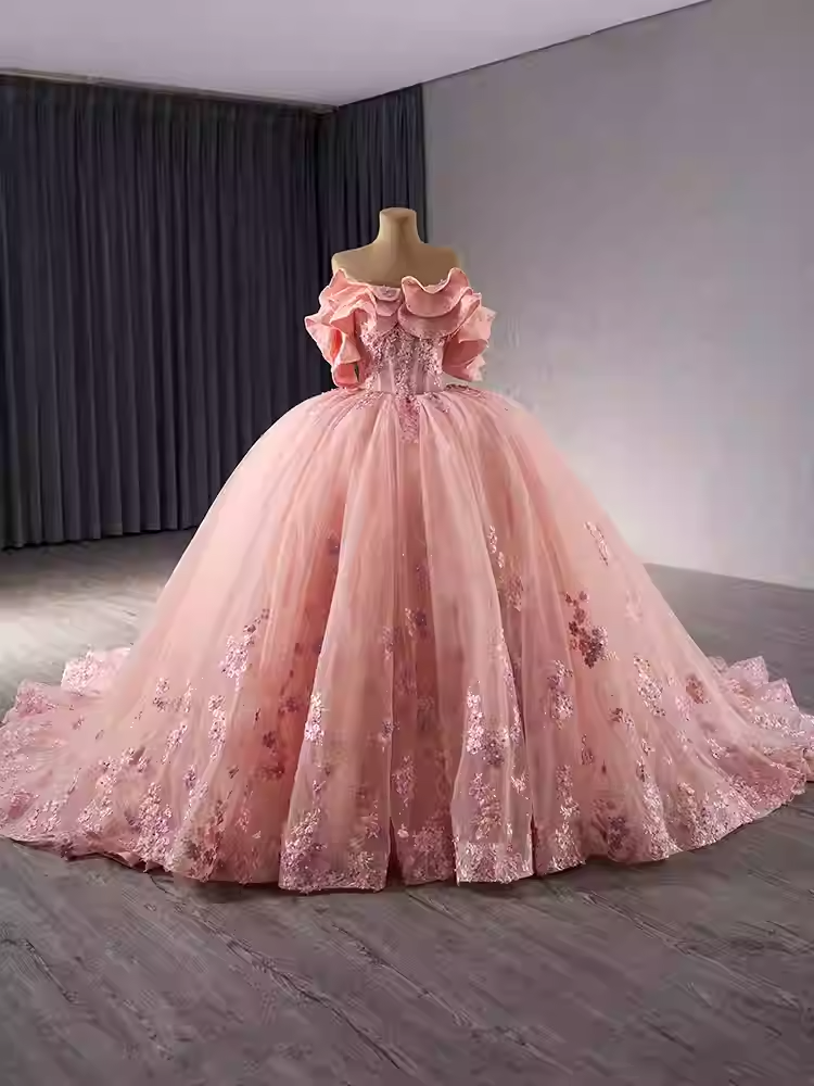 Stunning Off - Shoulder Ombre Pink Ball Gown with Ruffled Sleeves and Floral Embroidery Prom Dress, BG018