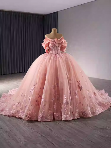 Stunning Off - Shoulder Ombre Pink Ball Gown with Ruffled Sleeves and Floral Embroidery Prom Dress, BG018