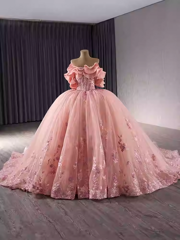 Stunning Off - Shoulder Ombre Pink Ball Gown with Ruffled Sleeves and Floral Embroidery Prom Dress, BG018