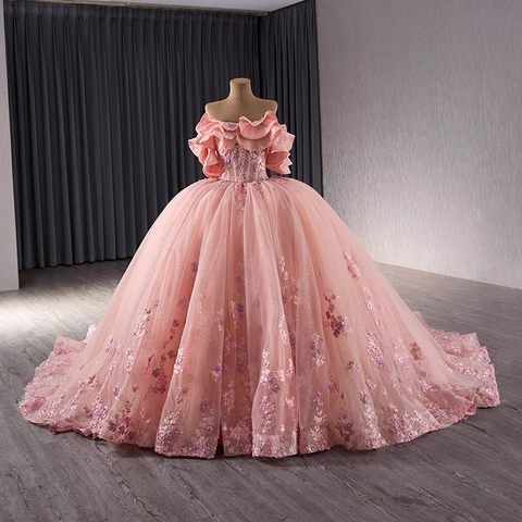 Stunning Off - Shoulder Ombre Pink Ball Gown with Ruffled Sleeves and Floral Embroidery Prom Dress, BG018