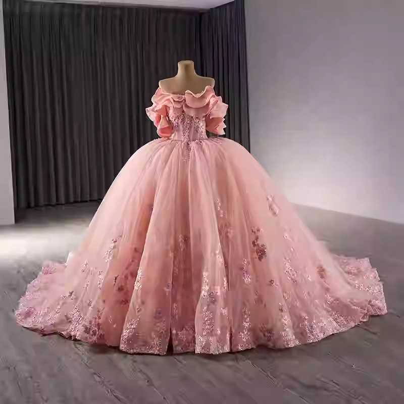 Stunning Off - Shoulder Ombre Pink Ball Gown with Ruffled Sleeves and Floral Embroidery Prom Dress, BG018