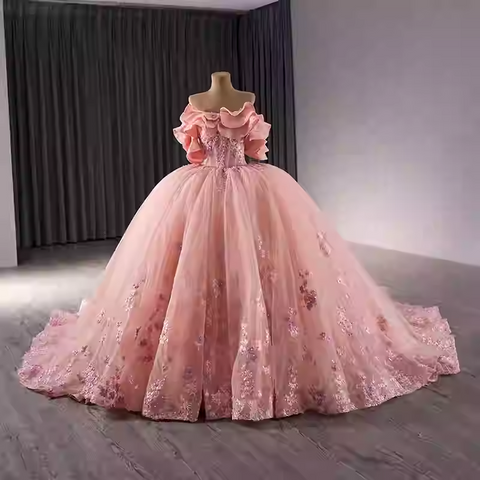 Stunning Off - Shoulder Ombre Pink Ball Gown with Ruffled Sleeves and Floral Embroidery Prom Dress, BG018