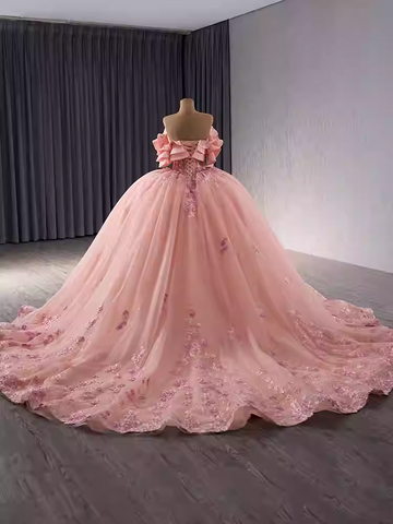 Stunning Off - Shoulder Ombre Pink Ball Gown with Ruffled Sleeves and Floral Embroidery Prom Dress, BG018