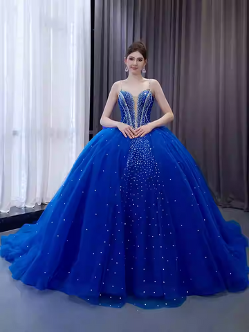 Stunning Strapless Blue Tulle Ball Gown with Sparkling Rhinestone Embellishments Prom Dress, BG020