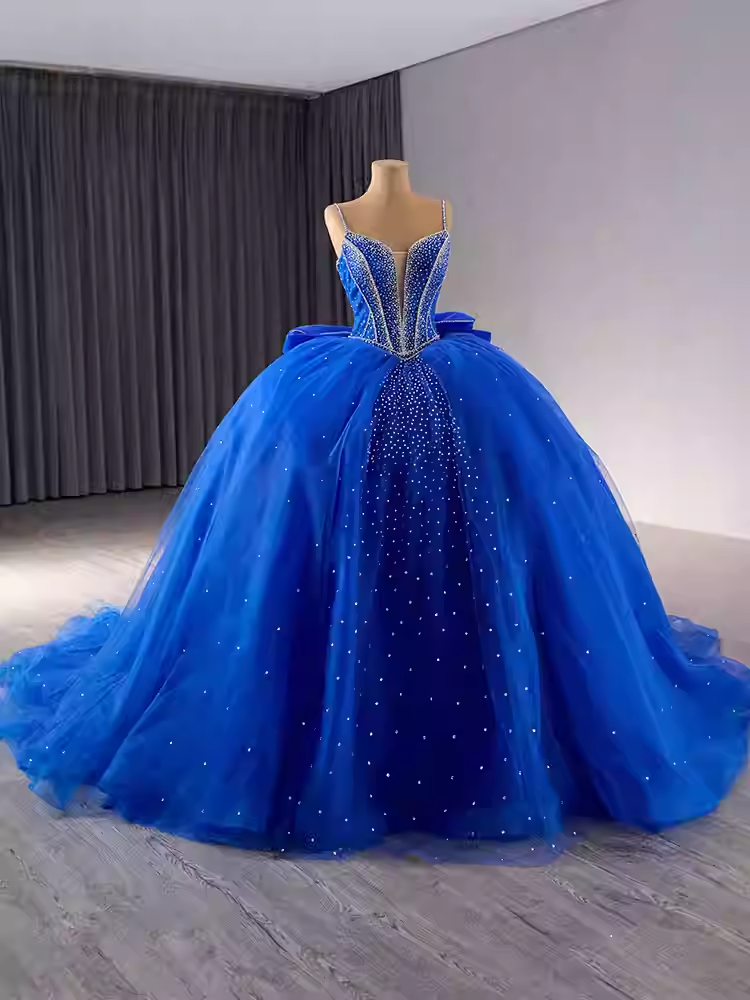 Stunning Strapless Blue Tulle Ball Gown with Sparkling Rhinestone Embellishments Prom Dress, BG020
