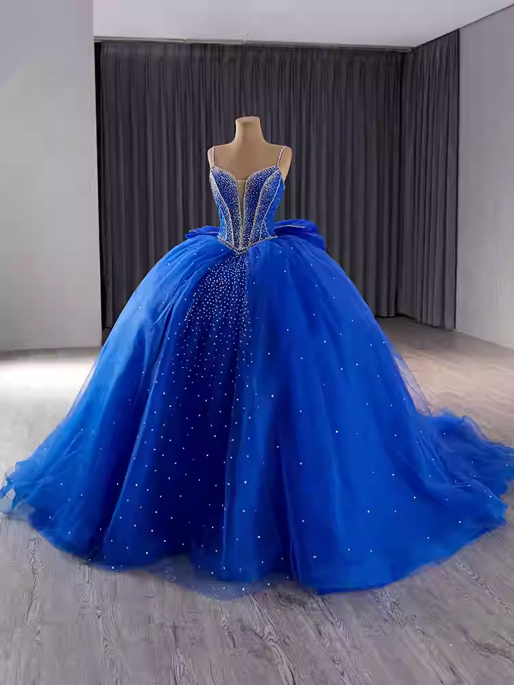 Stunning Strapless Blue Tulle Ball Gown with Sparkling Rhinestone Embellishments Prom Dress, BG020