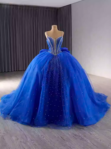 Stunning Strapless Blue Tulle Ball Gown with Sparkling Rhinestone Embellishments Prom Dress, BG020