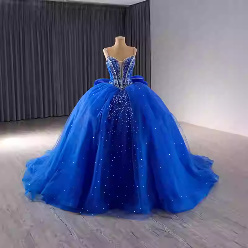 Stunning Strapless Blue Tulle Ball Gown with Sparkling Rhinestone Embellishments Prom Dress, BG020