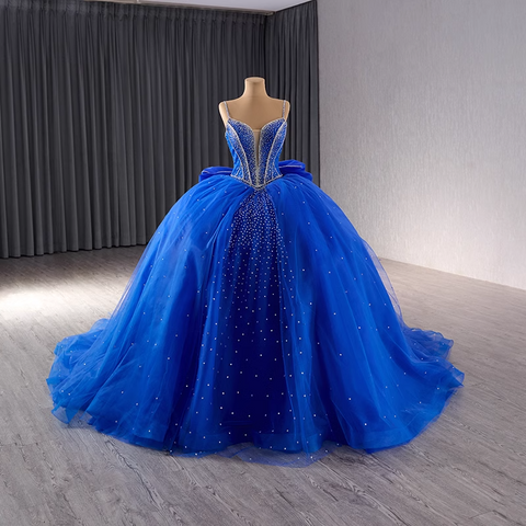 Stunning Strapless Blue Tulle Ball Gown with Sparkling Rhinestone Embellishments Prom Dress, BG020
