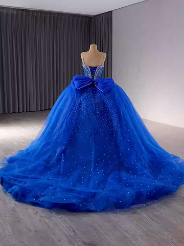 Stunning Strapless Blue Tulle Ball Gown with Sparkling Rhinestone Embellishments Prom Dress, BG020