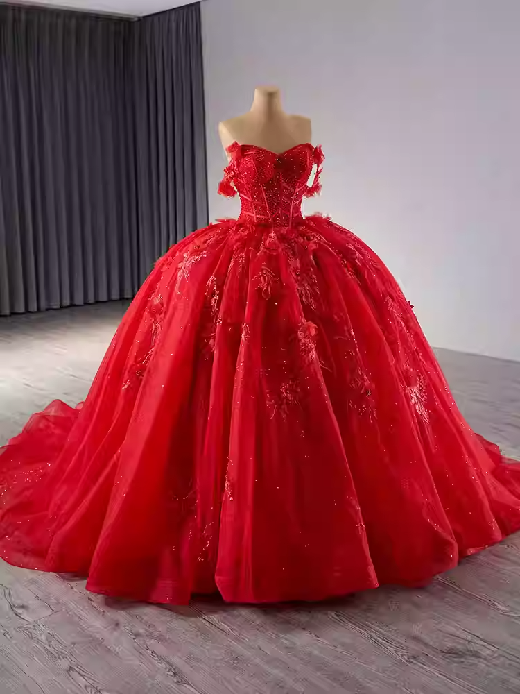 Elegant Strapless Red Tulle Ball Gown with Intricate Embroidered Detailing Prom Dress, BG022