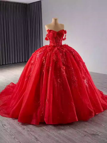 Elegant Strapless Red Tulle Ball Gown with Intricate Embroidered Detailing Prom Dress, BG022