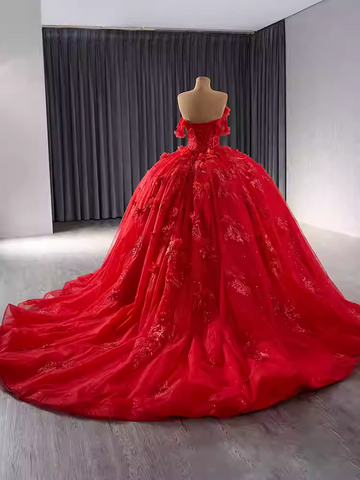 Elegant Strapless Red Tulle Ball Gown with Intricate Embroidered Detailing Prom Dress, BG022