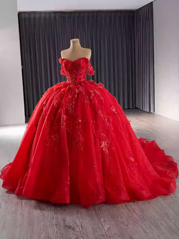Elegant Strapless Red Tulle Ball Gown with Intricate Embroidered Detailing Prom Dress, BG022