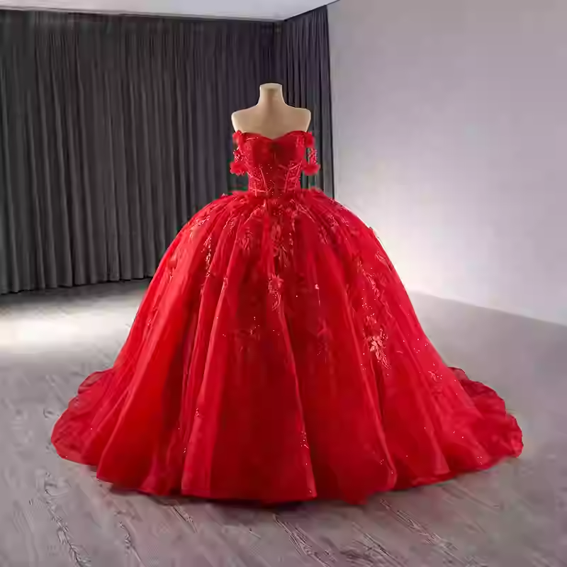 Elegant Strapless Red Tulle Ball Gown with Intricate Embroidered Detailing Prom Dress, BG022