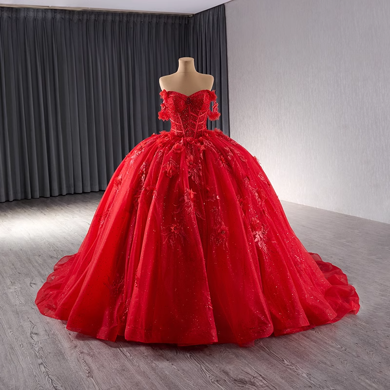 Elegant Strapless Red Tulle Ball Gown with Intricate Embroidered Detailing Prom Dress, BG022